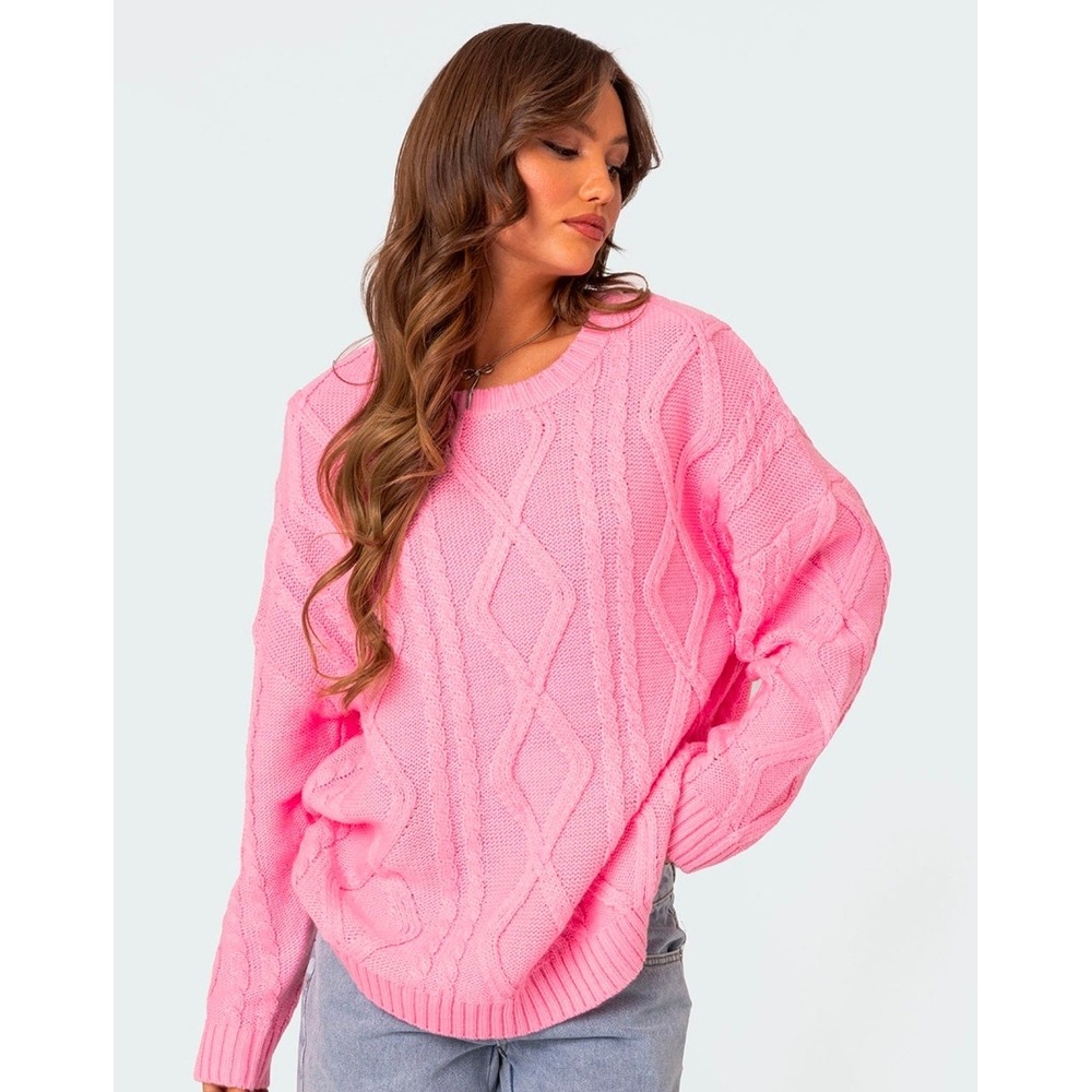 Edikted Pink Cable Knit Sweater Crewneck Long Sleeve‎ Cozy Oversized XL